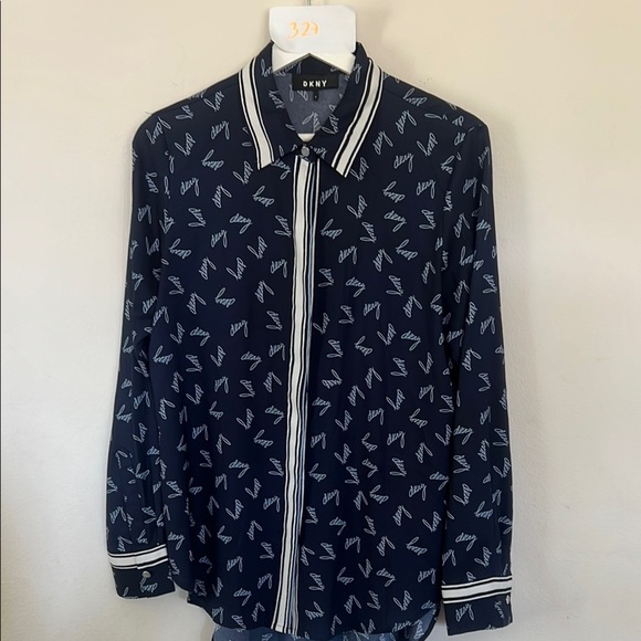 DKNY Navy Blue Blouse with White Pattern - Picture 1 of 6